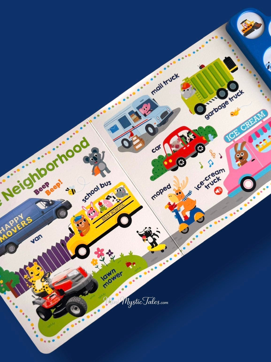 Inside pages of Let’s Get Talking! Vehicles sound book featuring school bus, mail truck, garbage truck, car, moped and ice cream truck.