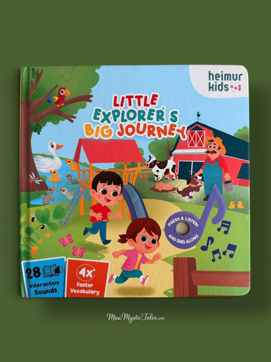 Little Explorer’s Big Journey interactive sound book for toddlers with 28 sounds, nursery rhymes and first words.