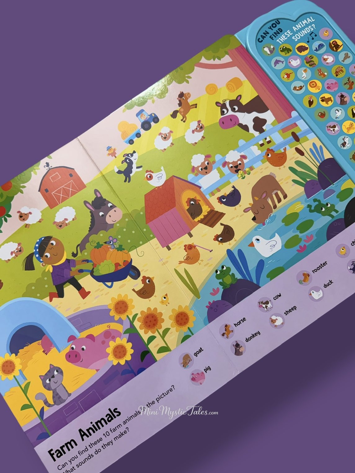Look & Find Animal Kingdom farm animals page featuring cow, sheep, horse, pig, ducks and other animals with interactive sounds for kids.