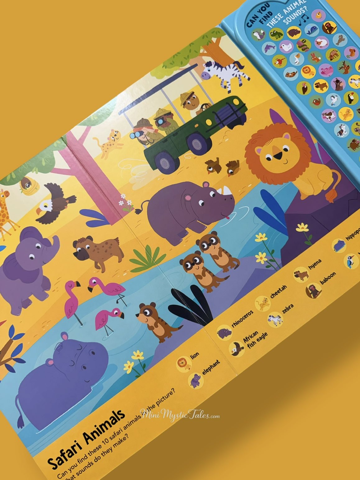 Look & Find Animal Kingdom safari page featuring lion, elephant, rhinoceros, zebra, cheetah, hippopotamus and other wild animal sounds for kids.