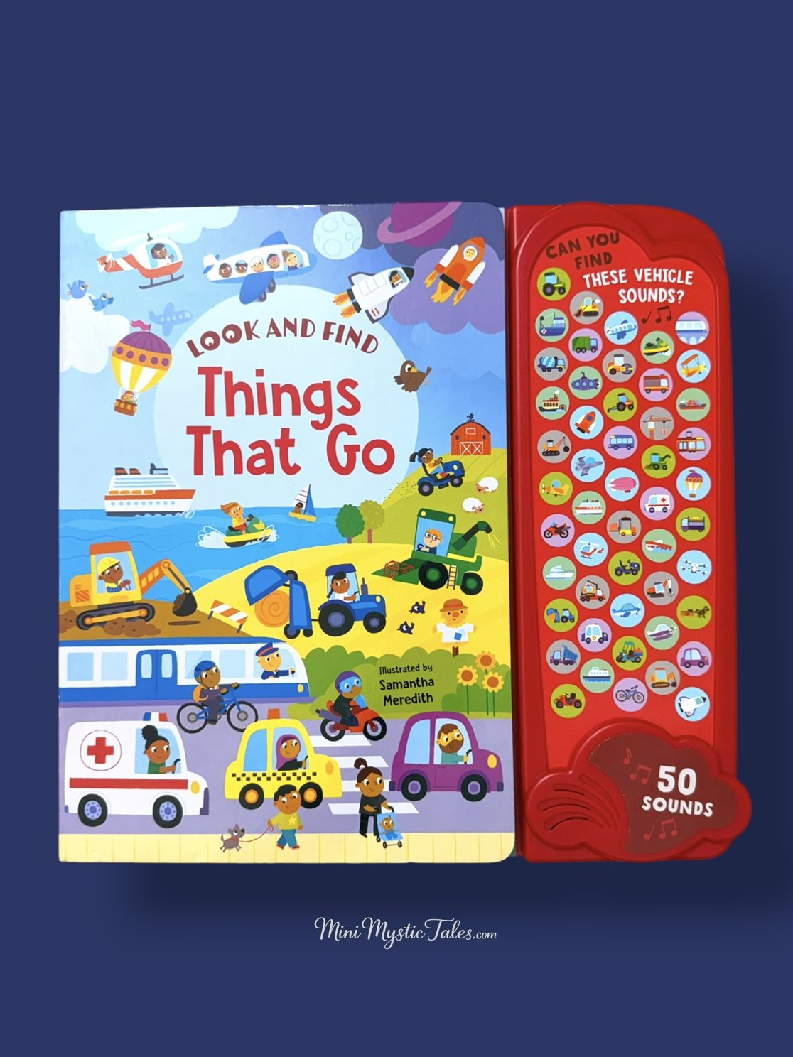 Look & Find Things That Go interactive sound book for kids featuring 50 vehicle sounds and colourful search-and-find illustrations.