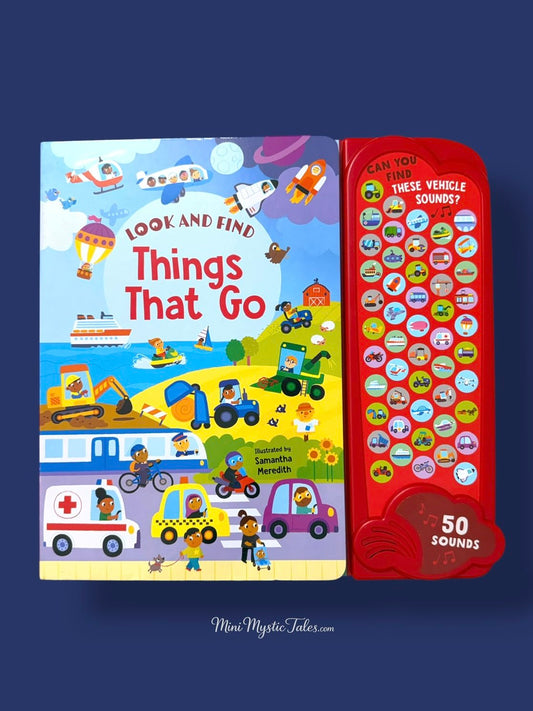Look & Find Things That Go interactive sound book for kids featuring 50 vehicle sounds and colourful search-and-find illustrations.