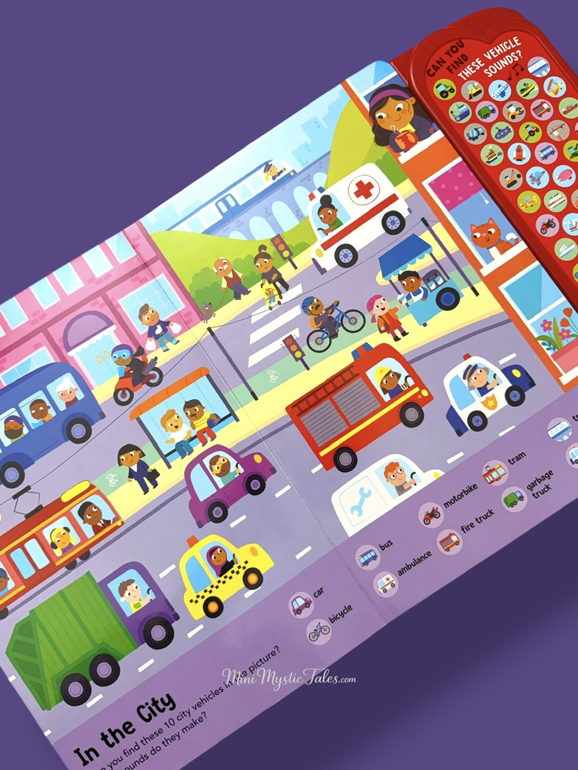 Look & Find Things That Go city scene featuring cars, buses, bicycles, ambulance, fire truck and other vehicles with interactive sounds for kids.
