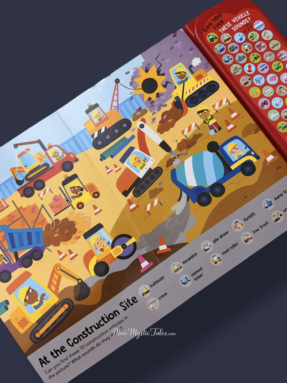 Look & Find Things That Go construction site page featuring excavators, bulldozers, cranes, cement mixers and other construction vehicle sounds for kids.