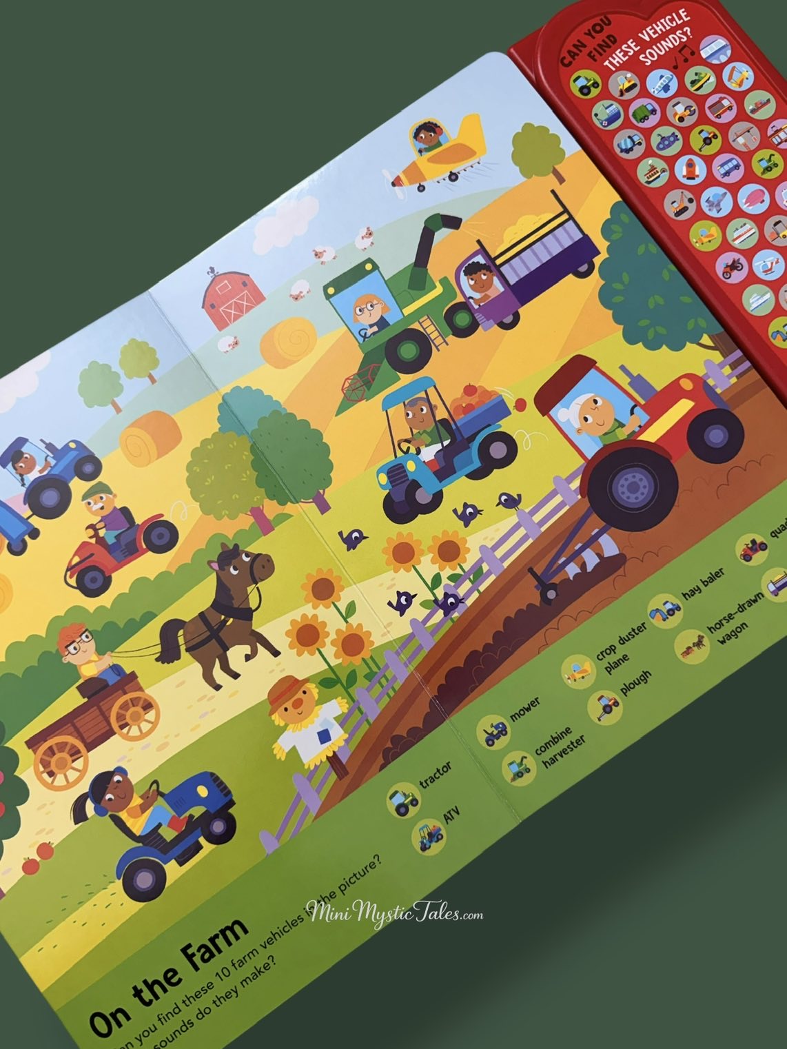 Look & Find Things That Go farm scene featuring tractors, farm vehicles and machinery with interactive vehicle sounds for young children.