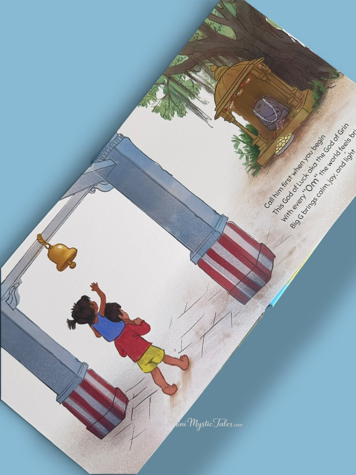 Children visiting a Ganesha shrine in Big G The Obstacle Crusher, an illustrated Indian mythology-inspired book for kids.