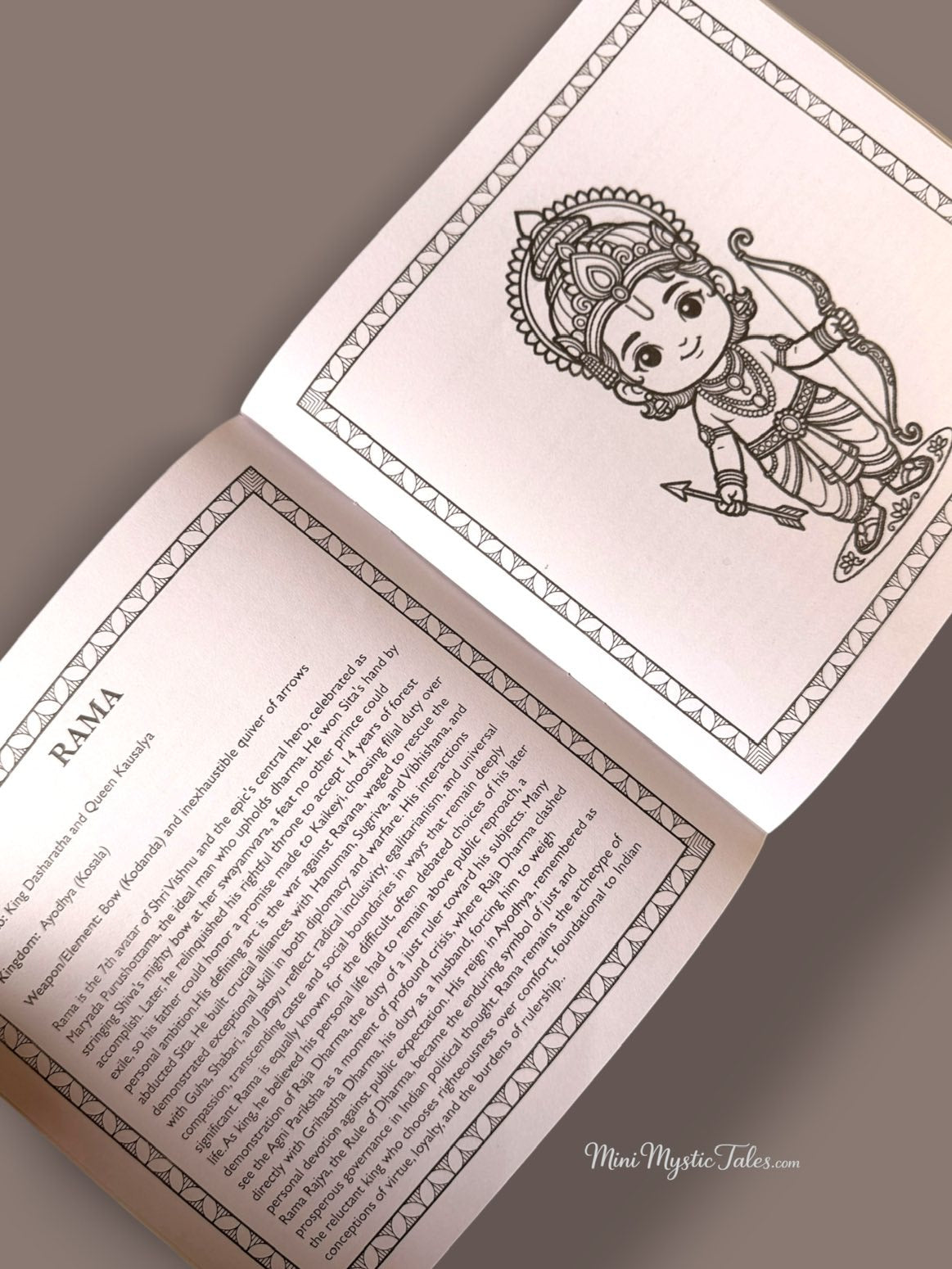 Lord Rama character trivia and coloring page from Janah of Ramayana, an Indian mythology activity book for children.