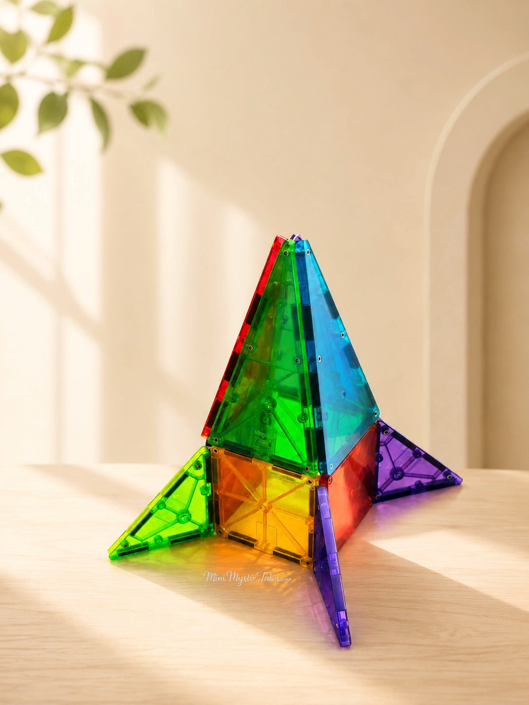 Colourful Magna-Tiles magnetic rocket model built with translucent geometric tiles on a wooden table