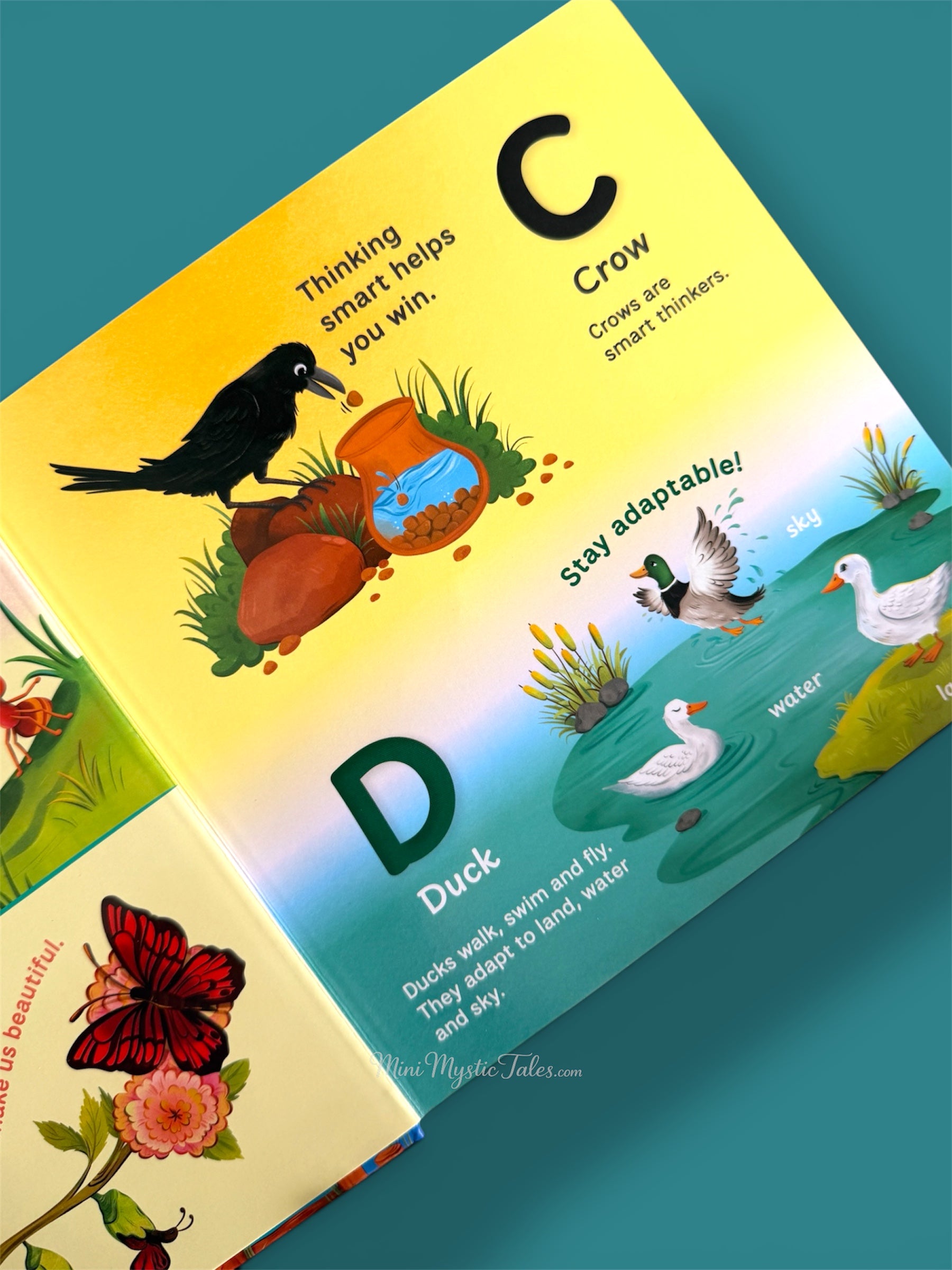 Alphabet learning page featuring Crow and Duck with life lessons about smart thinking and adaptability for children