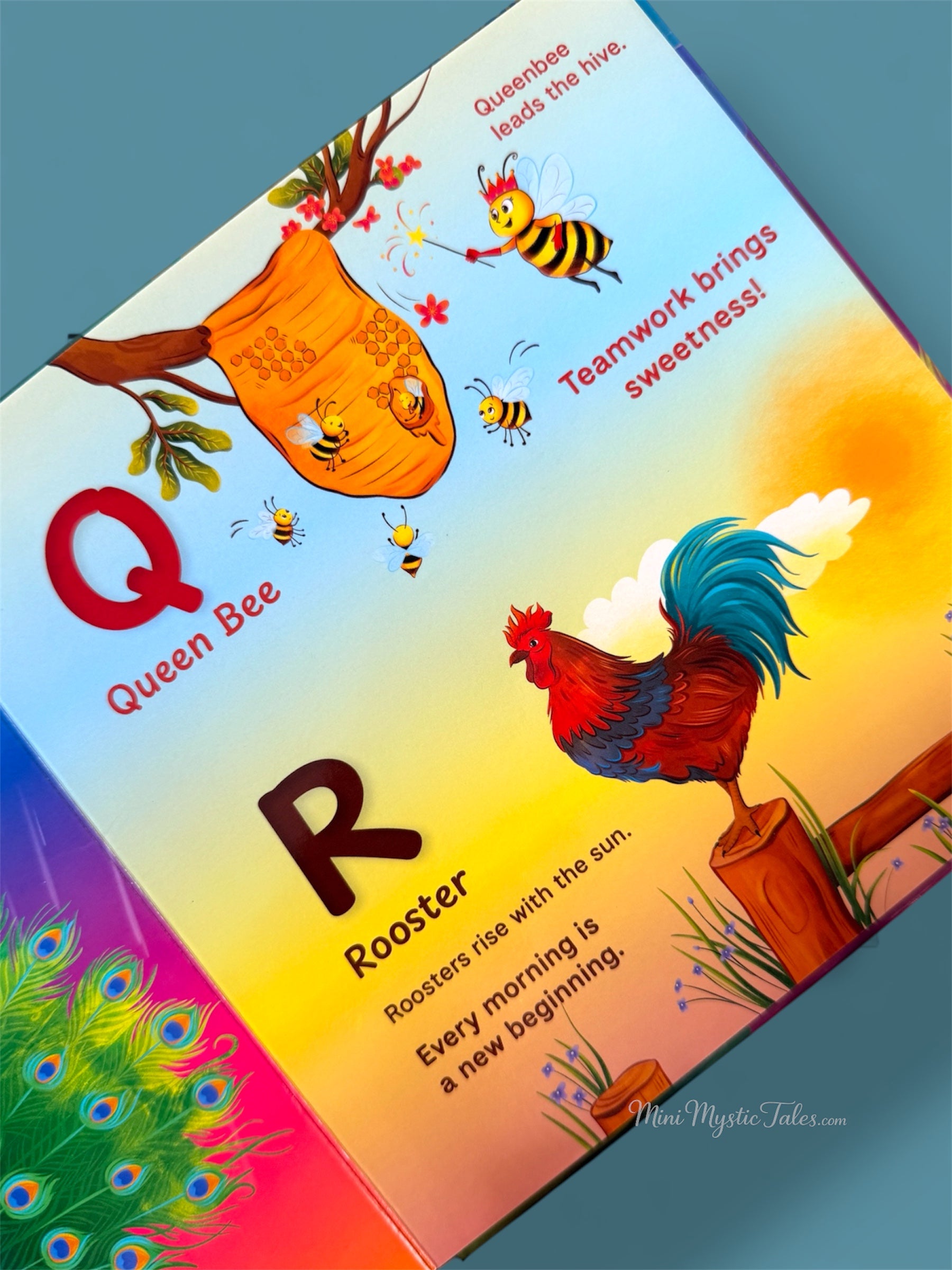 Educational alphabet page featuring Queen Bee and Rooster with lessons on teamwork, leadership, and new beginnings