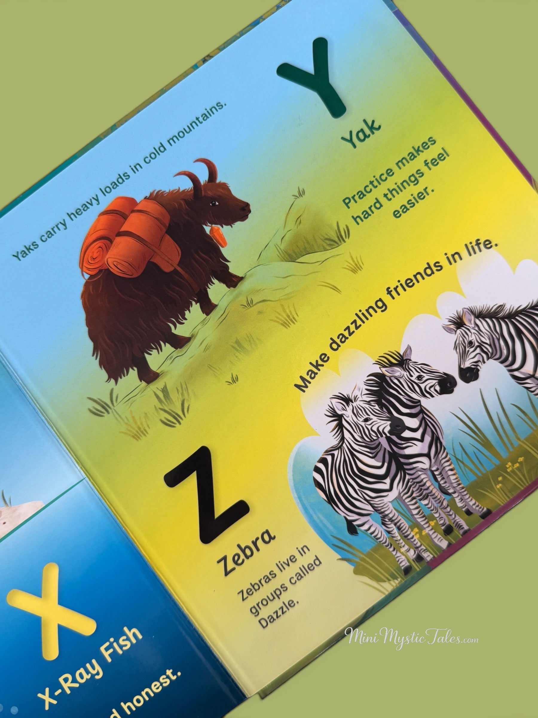 Y for Yak and Z for Zebra page teaching practice, friendship, and social values through engaging animal illustrations