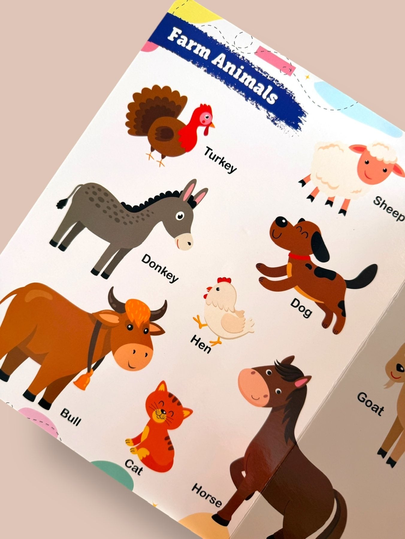 My First Animals board book page featuring farm animals including turkey, sheep, donkey, dog, bull, horse, cat and hen for early learning