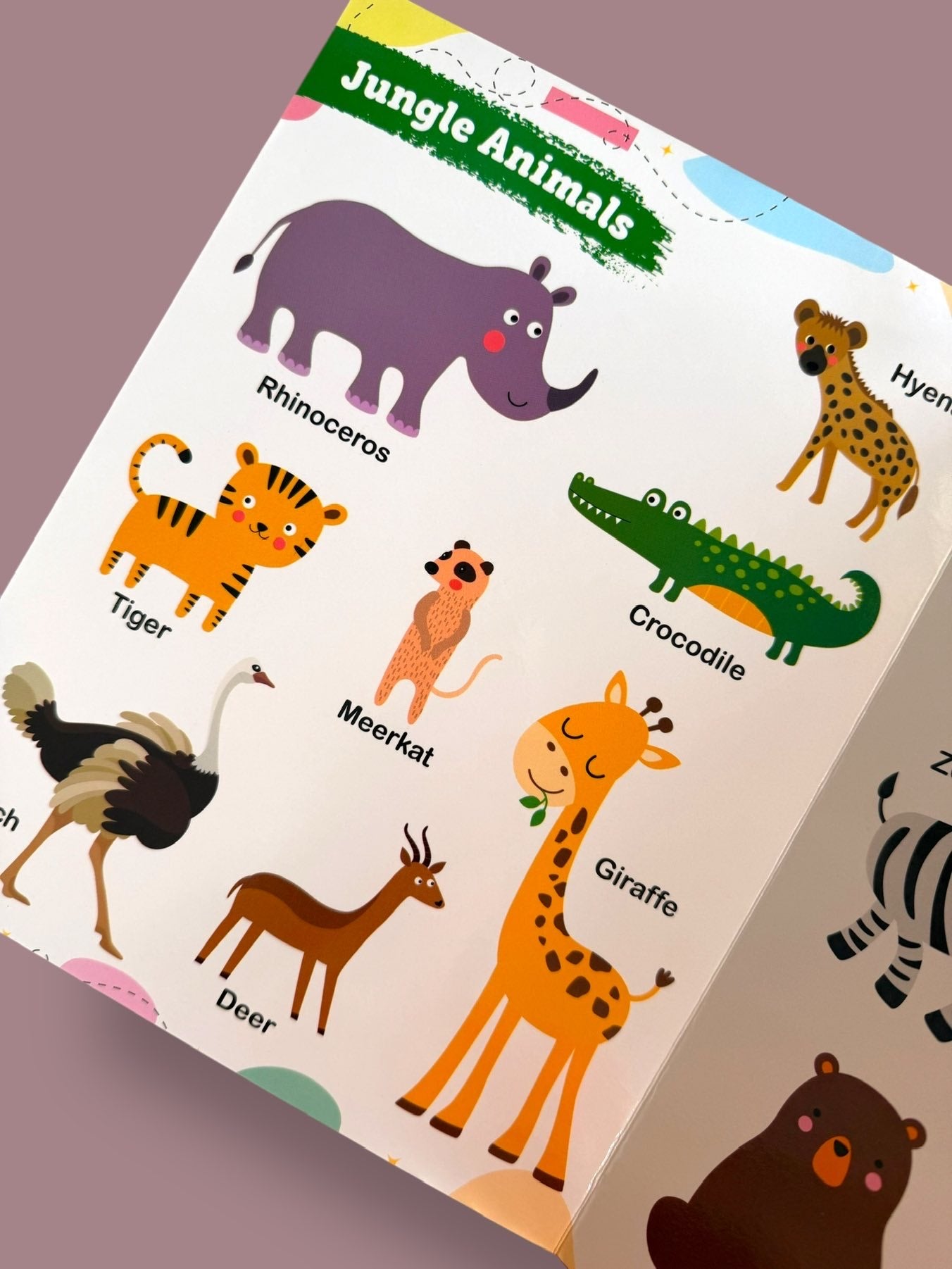 My First Animals board book page featuring jungle animals including rhinoceros, tiger, crocodile, giraffe, deer and meerkat for toddlers