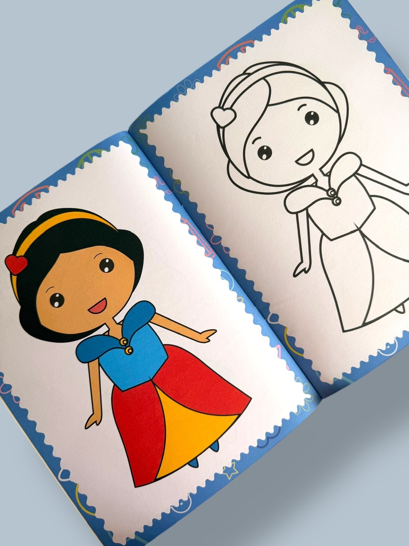 My First Princess Copy to Colour Book inside pages with colourful princess examples and matching outline drawings for children to copy and colour