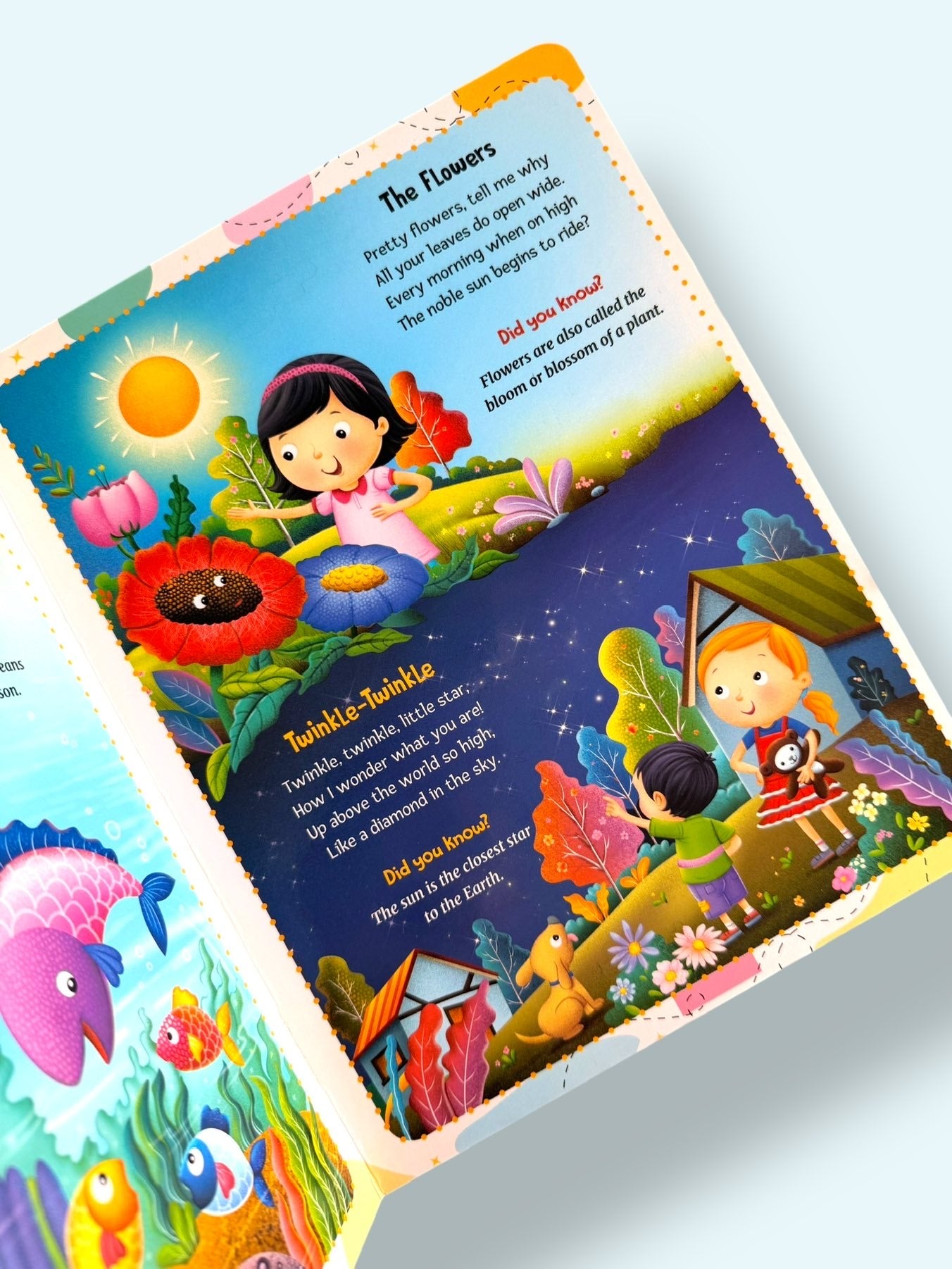 My First Rhymes board book page featuring The Flowers and Twinkle Twinkle Little Star nursery rhymes with vibrant illustrations for early learning