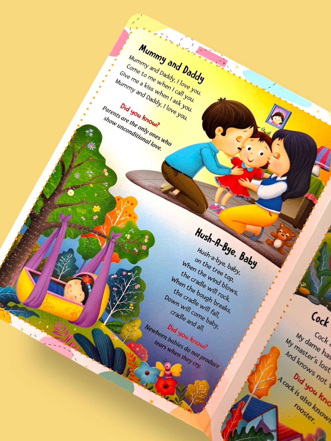 My First Rhymes board book page featuring Mummy and Daddy and Hush-A-Bye Baby nursery rhymes with colourful illustrations for toddlers