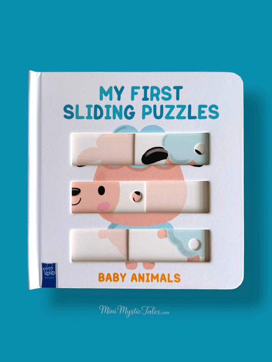 My First Sliding Puzzles Baby Animals interactive board book with sliding animal puzzle on the cover