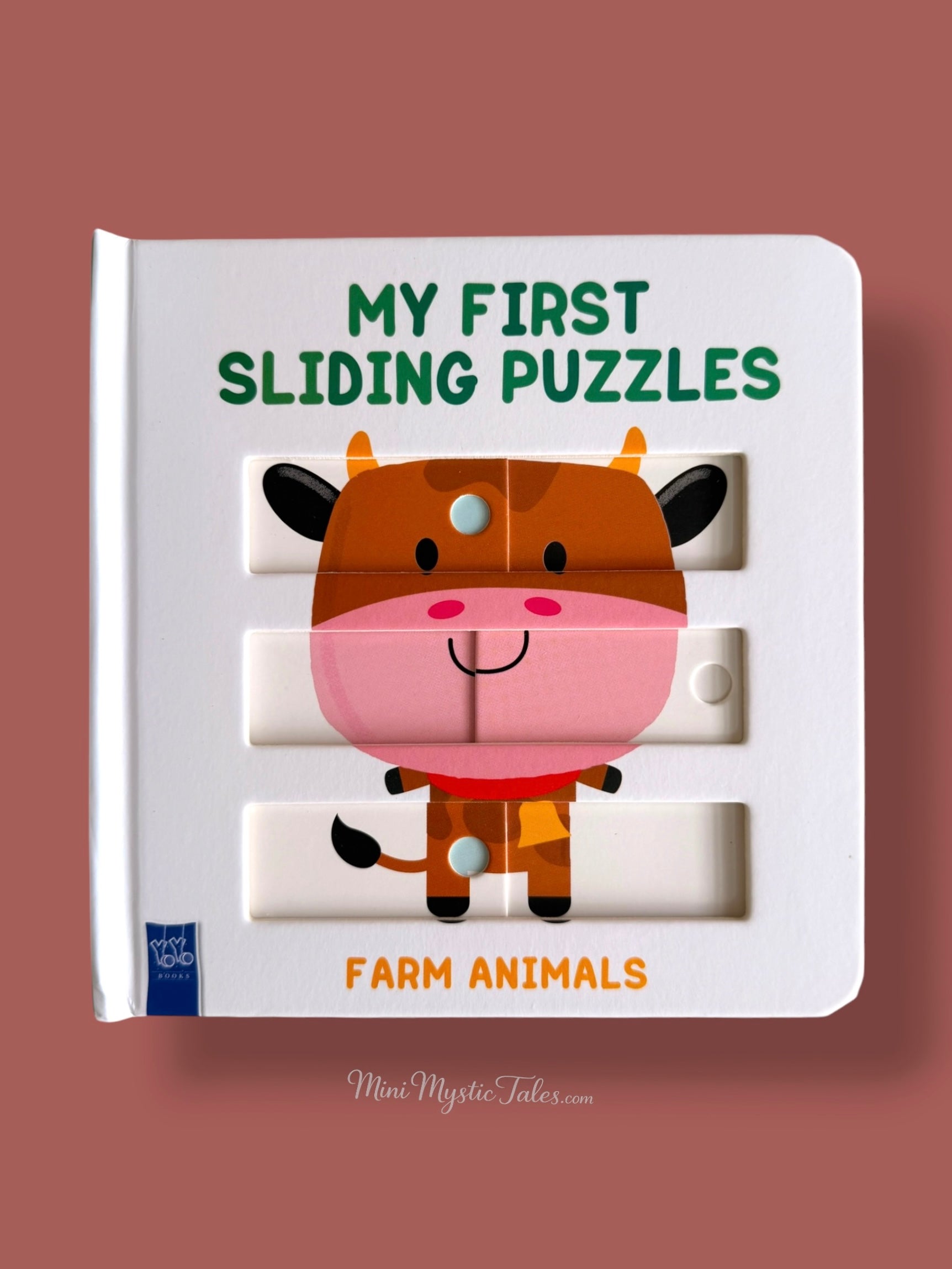 My First Sliding Puzzles Farm Animals interactive board book for toddlers featuring a sliding cow puzzle