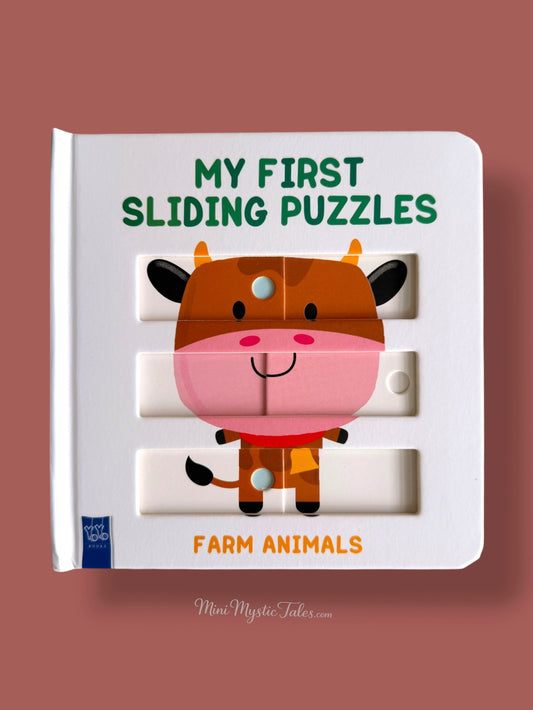 My First Sliding Puzzles Farm Animals interactive board book for toddlers featuring a sliding cow puzzle