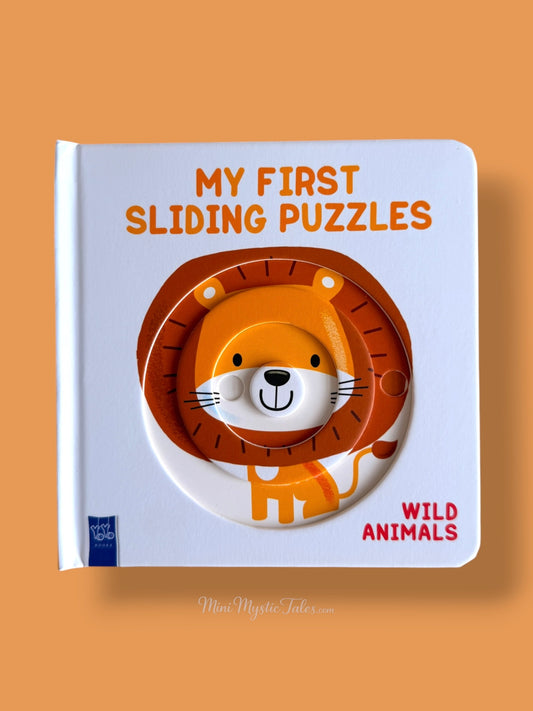 My First Sliding Puzzles Wild Animals interactive board book featuring a rotating lion puzzle for toddlers and preschoolers