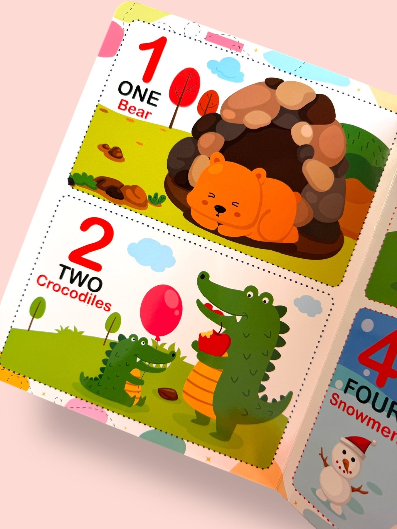 Numbers 1 to 4 learning page with one bear, two crocodiles, three birds and four snowmen for early counting practice