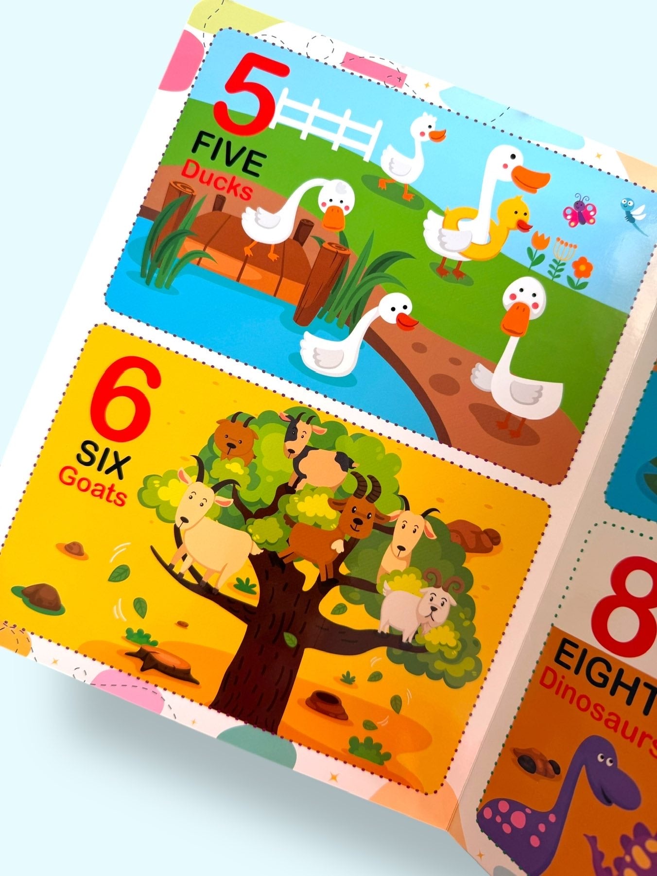 Numbers 5 to 8 counting page featuring ducks, goats, animals and colourful illustrations for preschool number learning