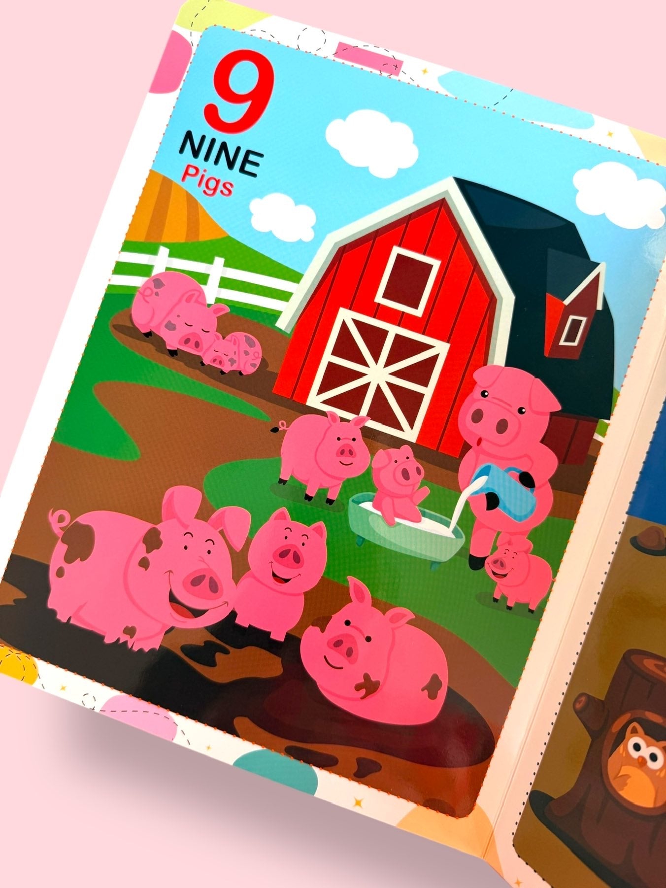 Numbers 9 and 10 learning page with nine pigs and ten owls helping toddlers develop early counting skills