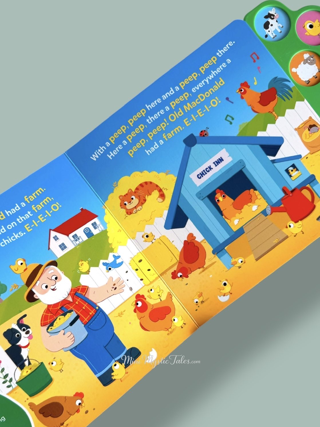 Interactive page from the Search & Find Old MacDonald Had A Farm kids sound book featuring chickens, chicks, sing-along lyrics, and search-and-find learning activities.