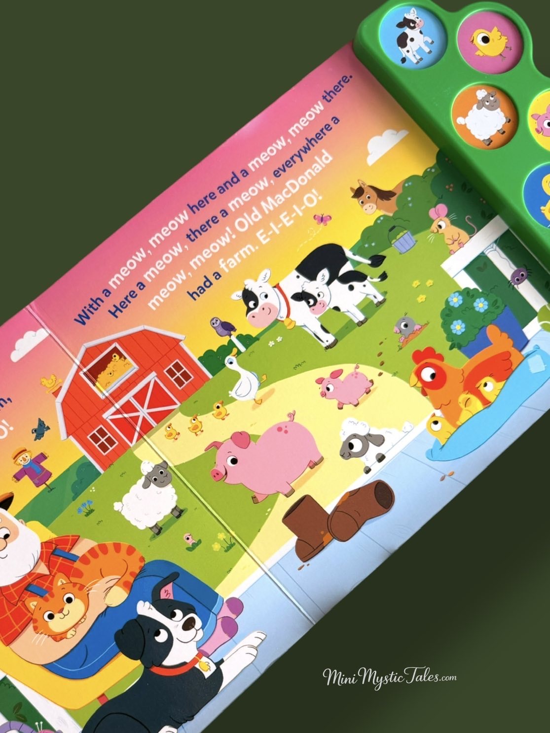 Search & Find Old MacDonald Had A Farm sound book featuring farm animals including pigs, sheep, ducks, cats, and dogs with interactive search-and-find illustrations and nursery rhyme lyrics.