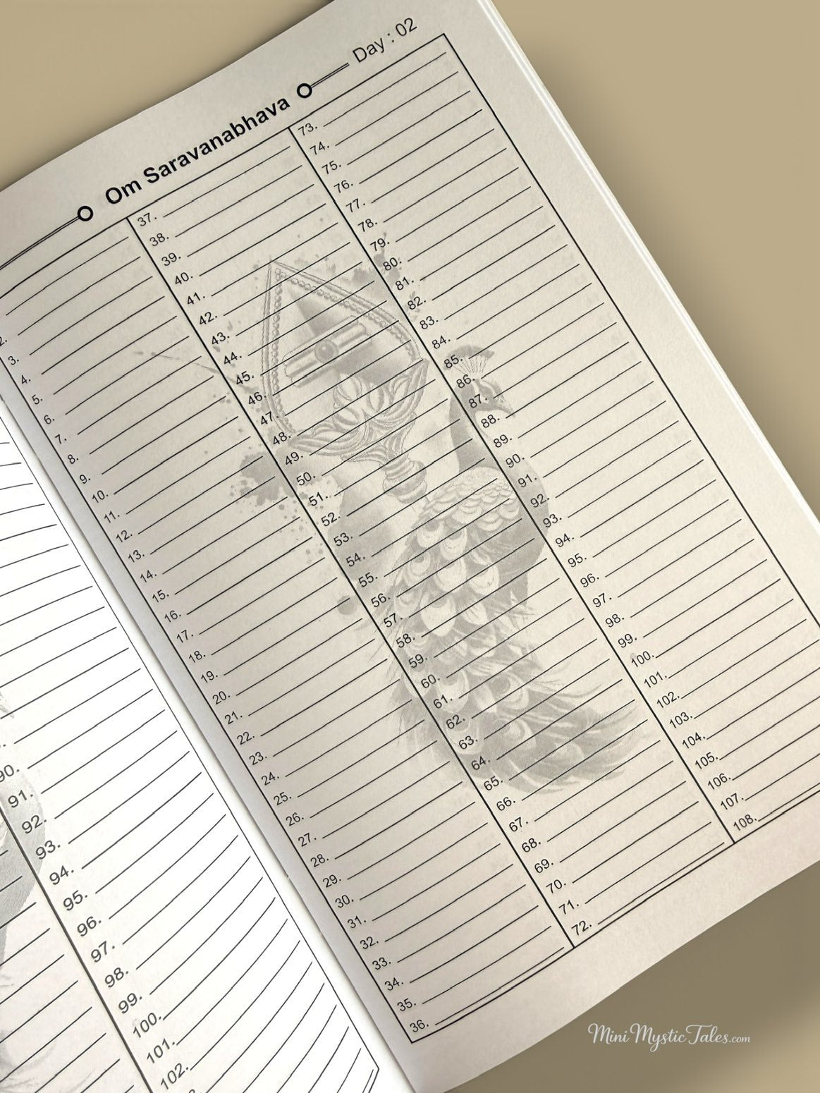 Om Saravana Bhava 48 Days writing practice page with 108 numbered lines for daily mantra writing.