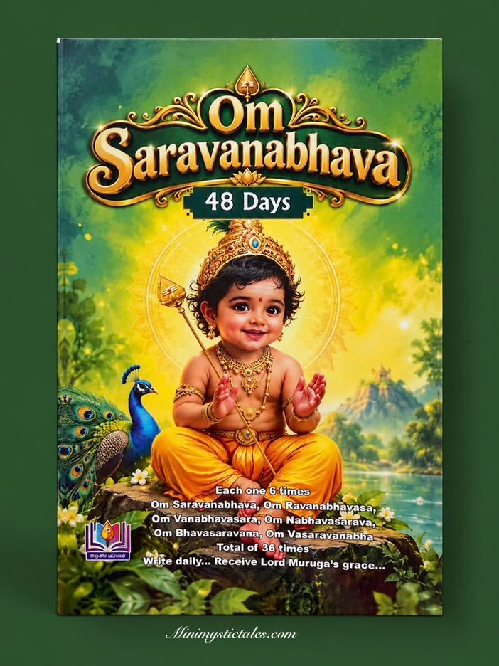Om Saravana Bhava 36 English devotional writing book for 48 days featuring baby Lord Murugan with a sacred Vel and peacock.