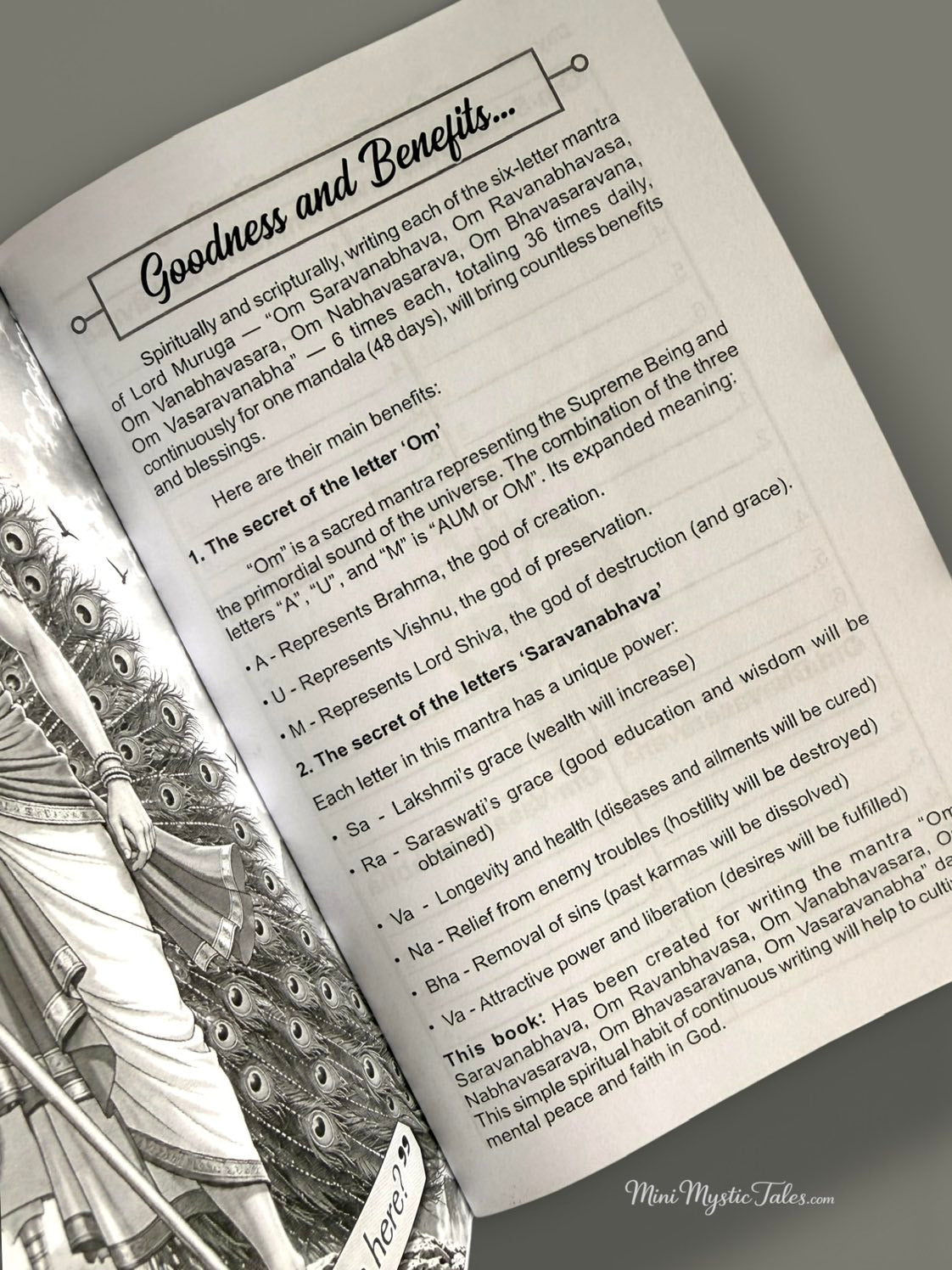 Inside page of Om Saravana Bhava 36 English devotional book explaining the spiritual significance, meaning and traditional benefits of Lord Murugan's six sacred mantras.