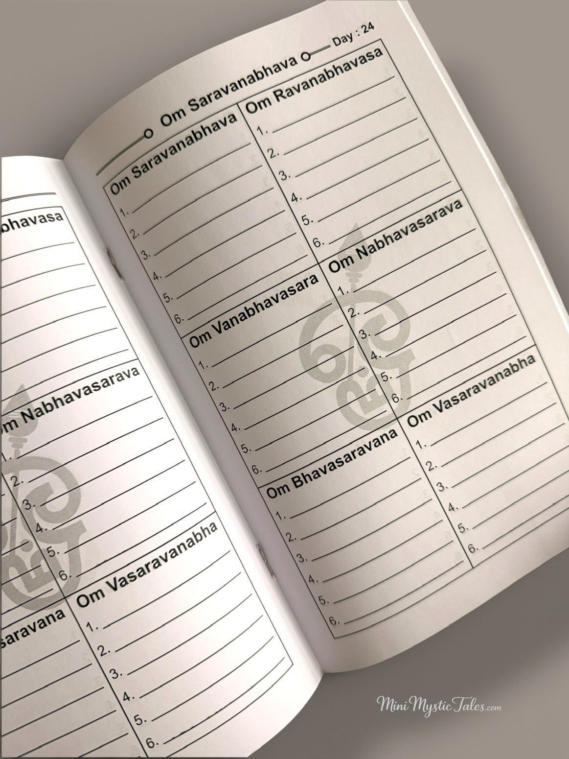 Om Saravana Bhava 48 Days English writing book featuring six sacred Murugan mantras with six writing spaces each, totalling 36 repetitions daily.