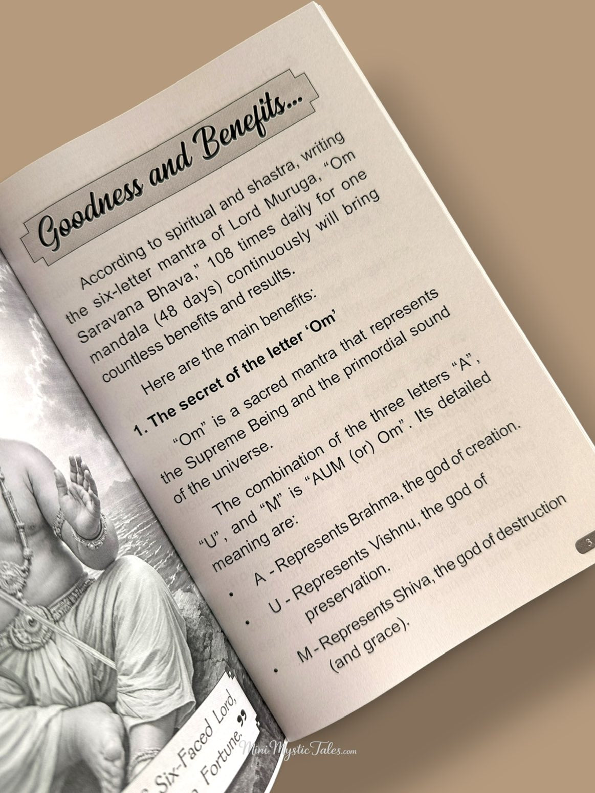 Inside page of Om Saravana Bhava English devotional book explaining the mantra and its spiritual significance.