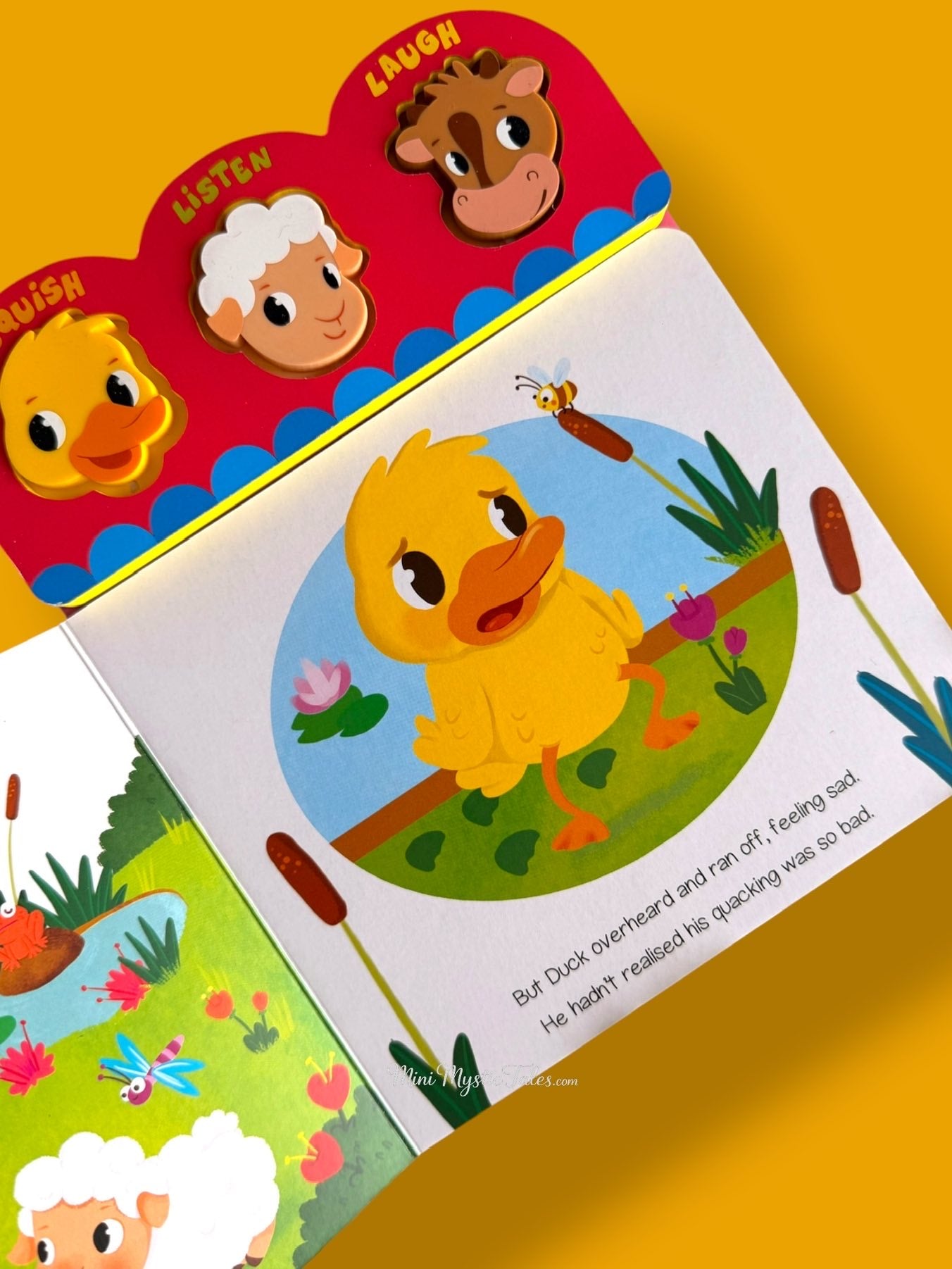On the Farm kids sound book page showing a duck by the pond with engaging story and interactive sounds