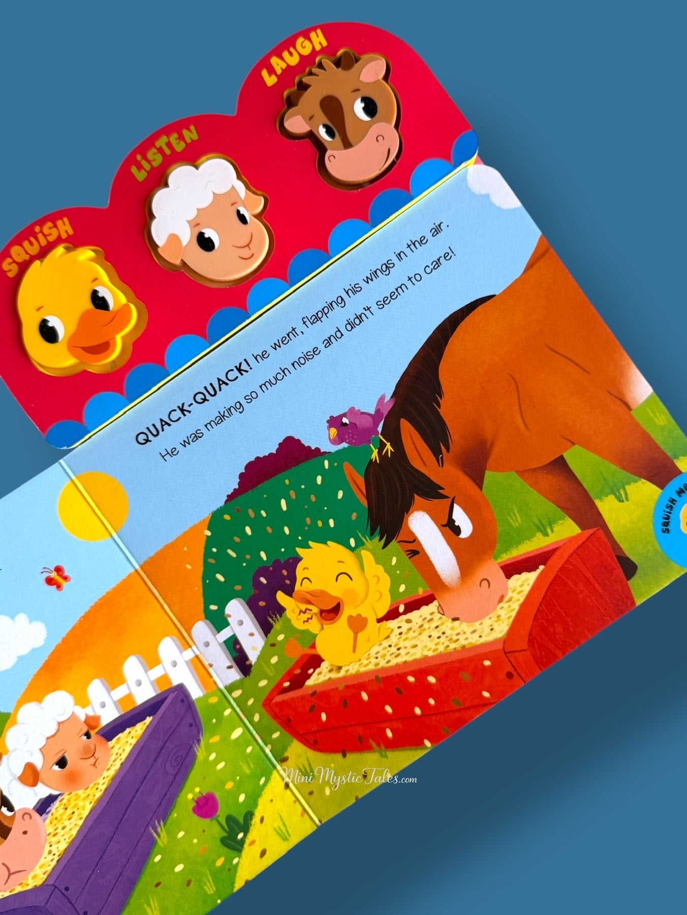 Interactive On the Farm sound book page featuring duck, horse and farm animals with sound buttons