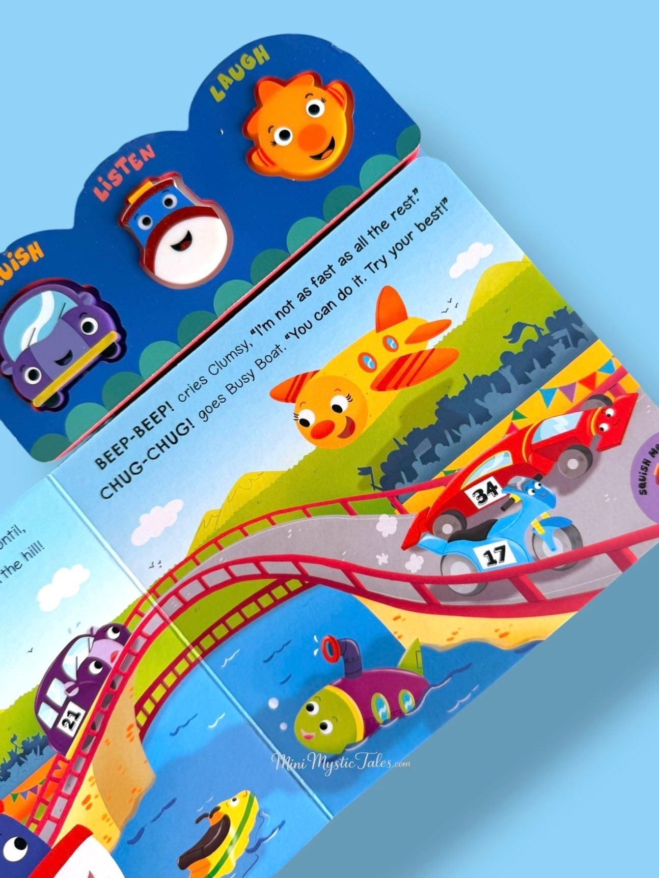 Interactive On the Farm sound book page featuring farm animals, airplane and colourful storytelling with sound buttons