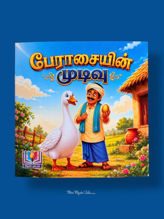 Peraasaiyin Mudivu Tamil moral story book for kids featuring a man, goose and golden egg.