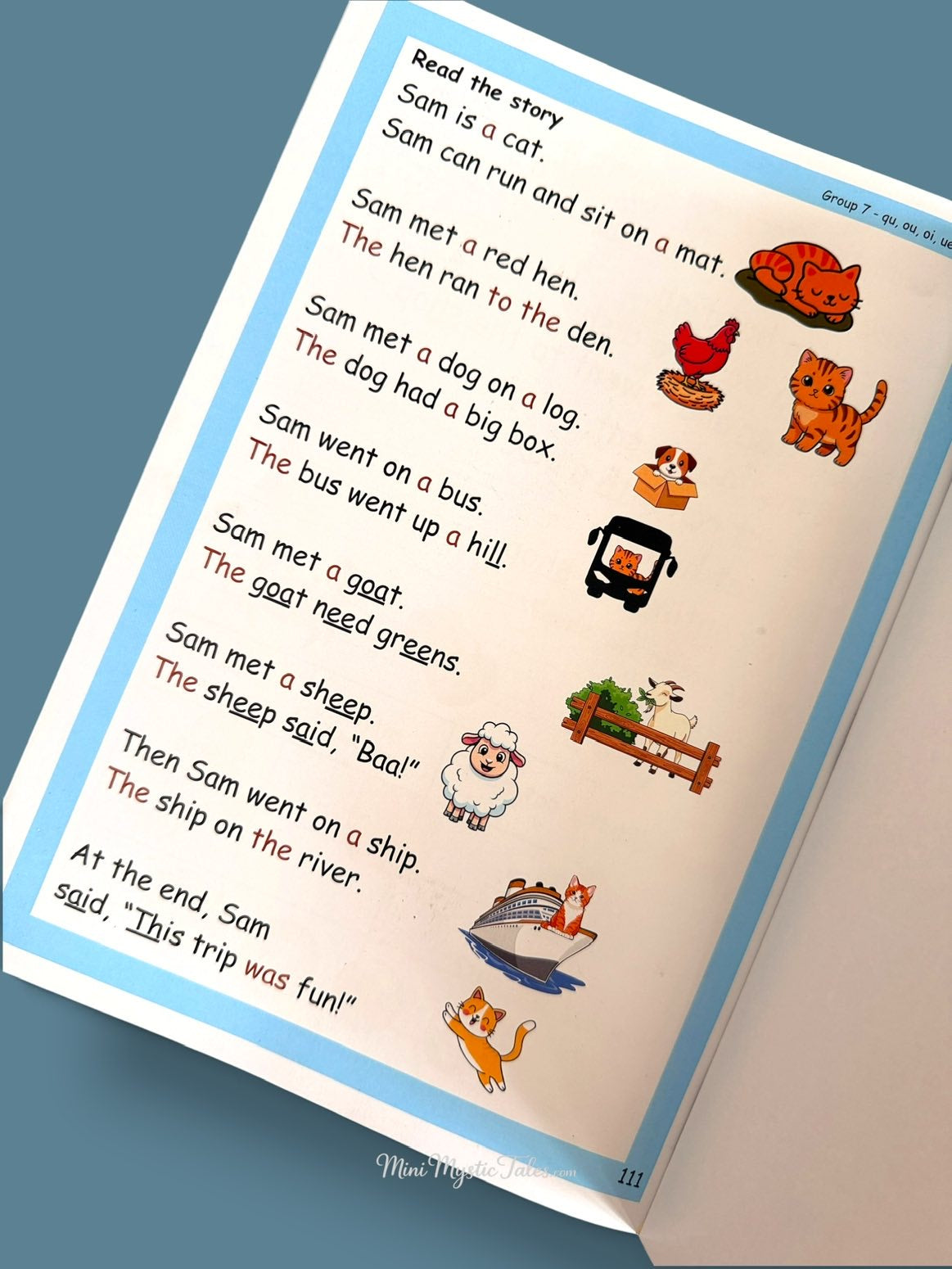 Illustrated decodable reading passage from Phonics Fun Factory helping children practise phonics sounds and early reading.