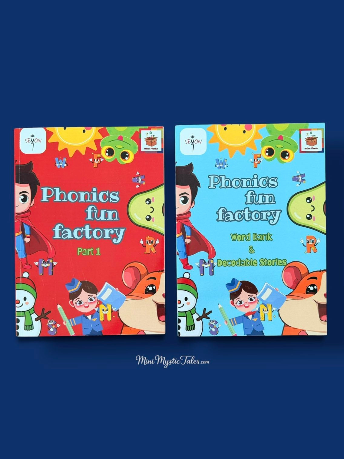 Phonics Fun Factory Kit with Part 1 phonics workbook and Word Bank & Decodable Stories book for early readers.