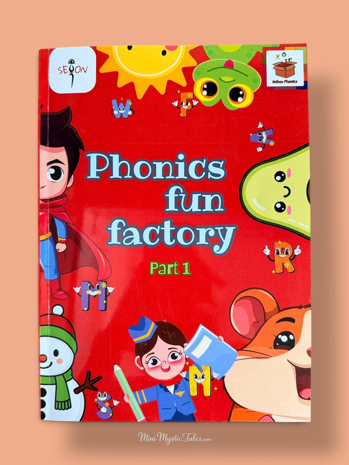 Phonics Fun Factory Part 1 children’s phonics workbook with step-by-step sound introduction and reading activities.