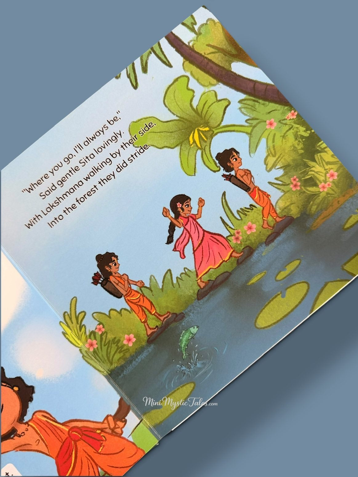 Young Rama, Lakshmana and Sita journeying through the forest in a beautifully illustrated Indian mythology book for kids.