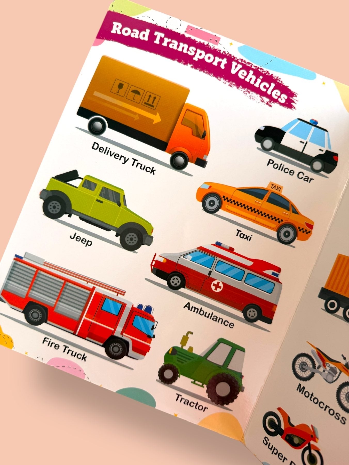 Road transport vehicles learning page featuring delivery truck, police car, jeep, taxi, fire truck, ambulance, and tractor for preschool children