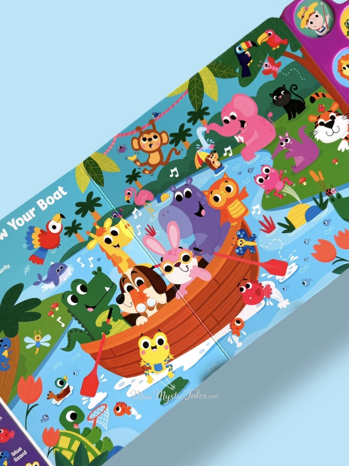Search & Find Nursery Rhymes sound book featuring Row, Row, Row Your Boat with colorful animal characters, interactive search-and-find activities, and sing-along learning.