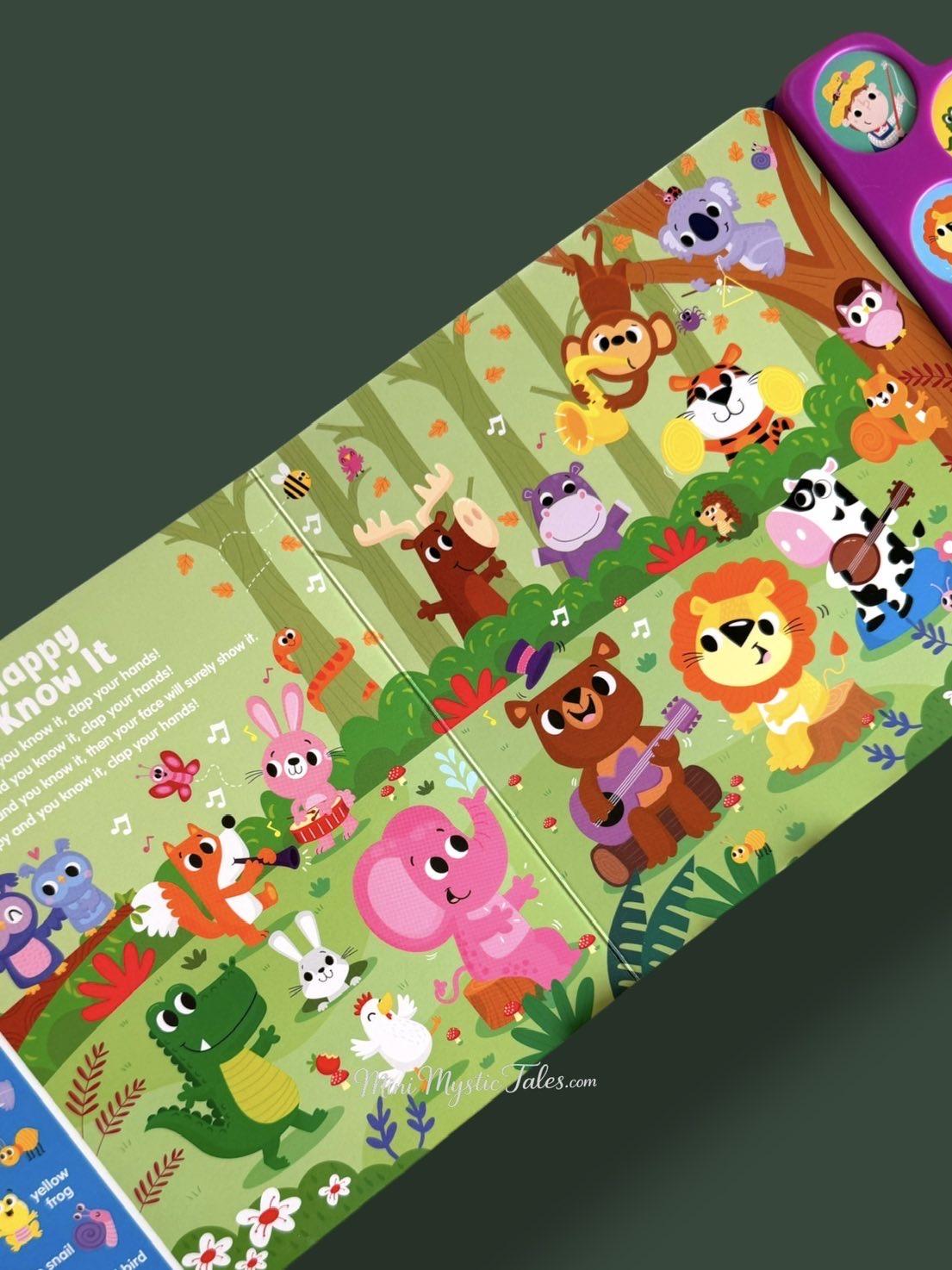 Interactive page from the Search & Find Nursery Rhymes kids sound book featuring If You’re Happy and You Know It with vibrant illustrations, search-and-find activities, and audio buttons.