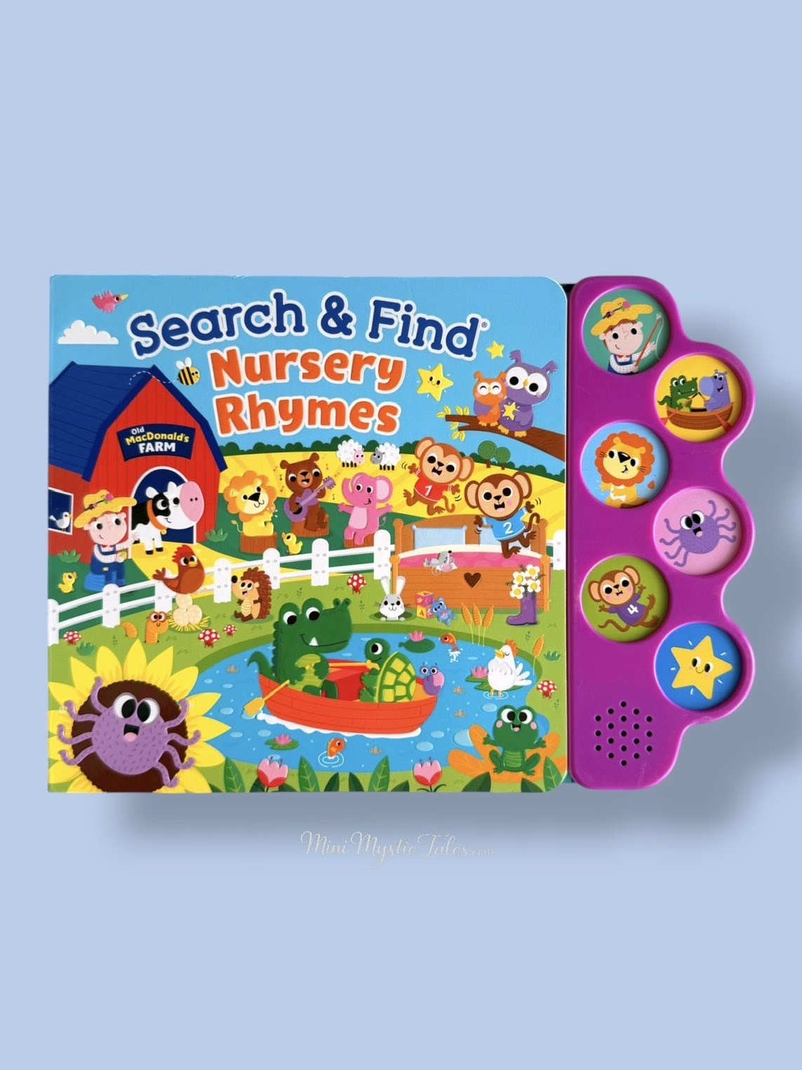 Search & Find: Nursery Rhymes interactive kids sound book featuring classic nursery rhymes, search-and-find activities, colorful illustrations, and sound buttons for toddlers.