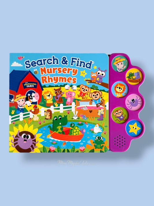 Search & Find: Nursery Rhymes interactive kids sound book featuring classic nursery rhymes, search-and-find activities, colorful illustrations, and sound buttons for toddlers.