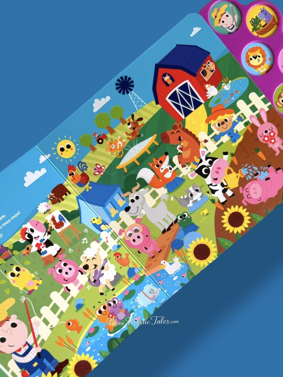 Inside pages of the Search & Find Nursery Rhymes sound book featuring Old MacDonald’s Farm with interactive search-and-find illustrations and sing-along fun.