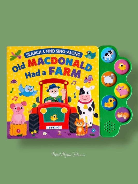 Search & Find: Old MacDonald Had A Farm interactive kids sound book with sing-along nursery rhyme, search-and-find activities, colorful farm illustrations, and sound buttons for toddlers.