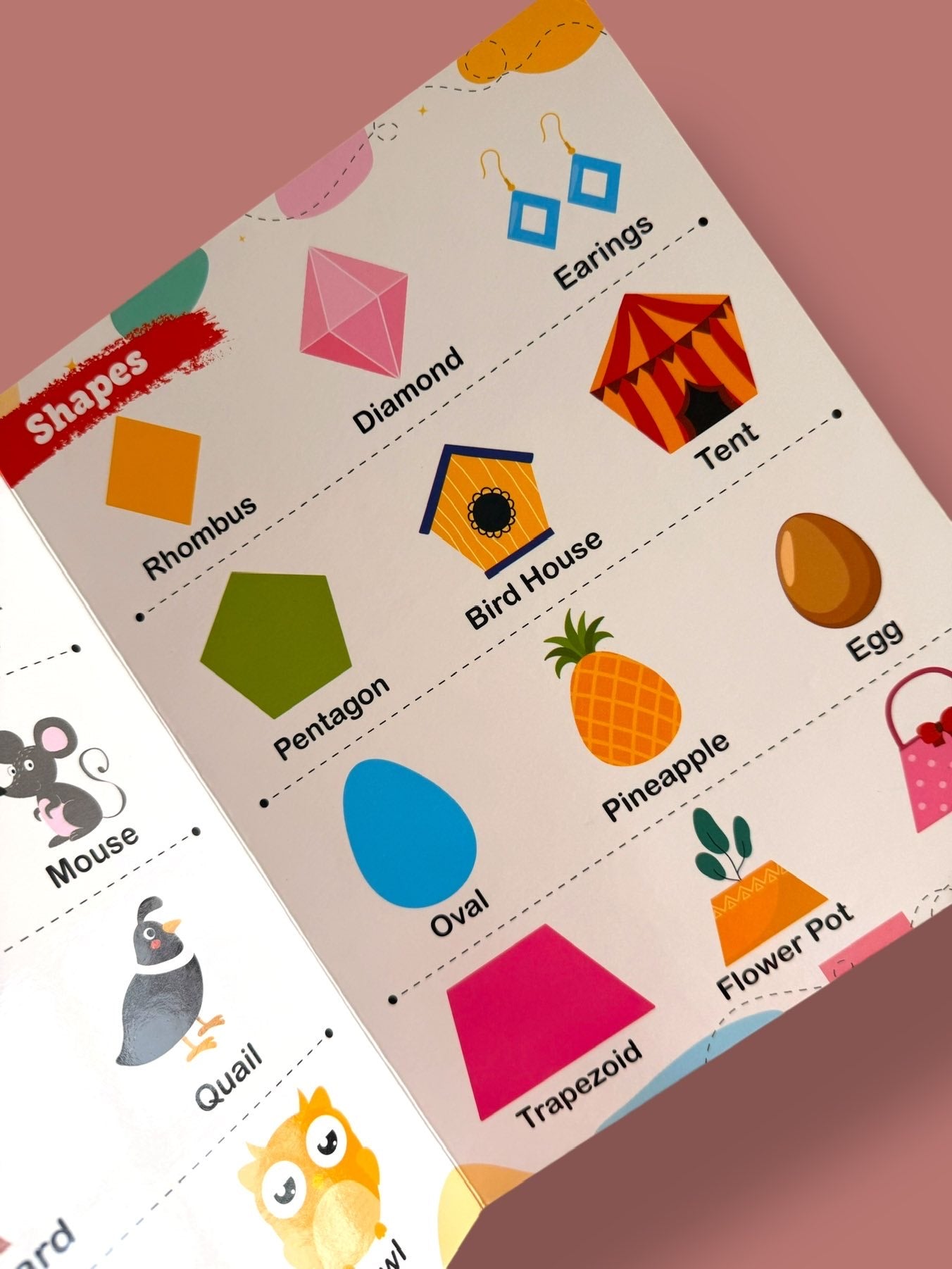 Shapes learning page introducing rhombus, diamond, pentagon, oval, trapezoid, and real-life shape examples for preschool children